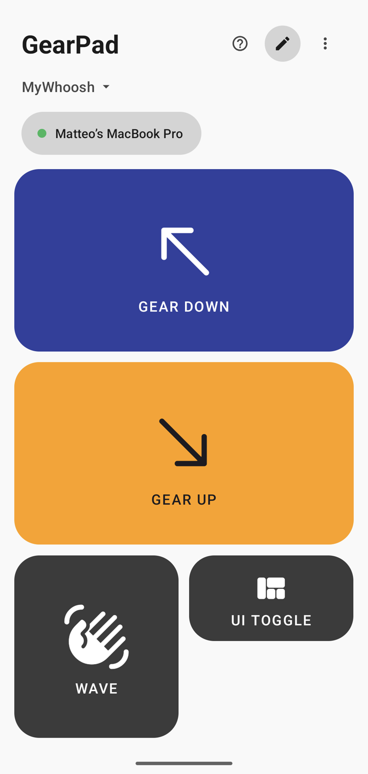 GearPad's MyWhoosh layout, connected to a MacBook